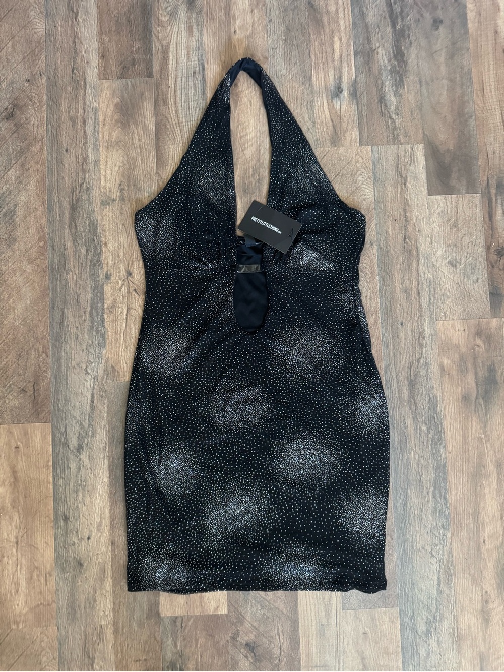 NWT PrettyLittleThing Shape Black Glitter Plunge Bodycon Mini Dress US 14 UK 18